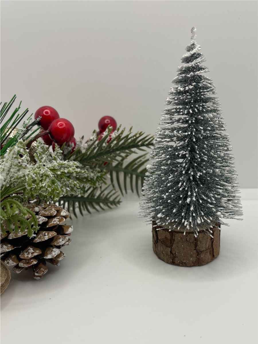 Ёлка настольная новогодняя, серебристая, высота 11см, на деревянной подставке — фото 1