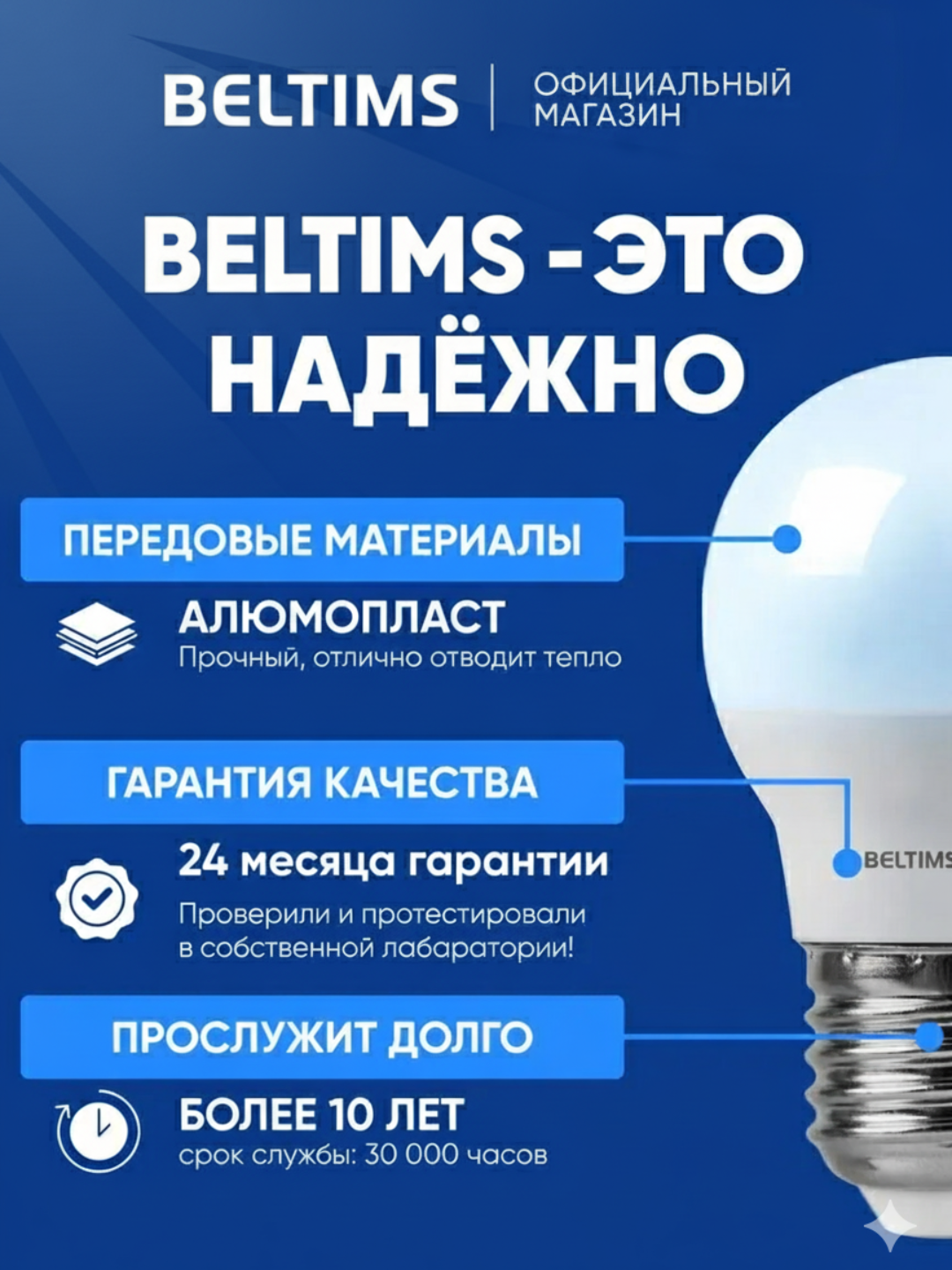 BELTIMS LED-лампа 5-18Вт 6500K E27 — энергосберегающая, холодный свет, 30 000 ч