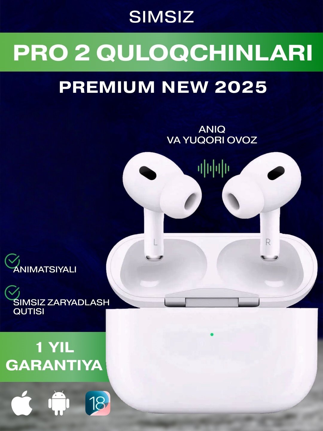 Наушники Apple Airpods Pro Premium 2, без крепления, Bluetooth 5.2, с шумоподавлением