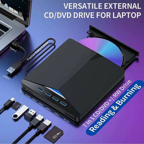 Изображение товара Внешний CD/DVD-привод для ноутбука, DVD-плеер для ноутбука, Ультратонкий портативный USB 3.0 7 в 1, внешний дисковод для записи DVD/ CD, плеер и записывающее устройство CD/VCD/DVD