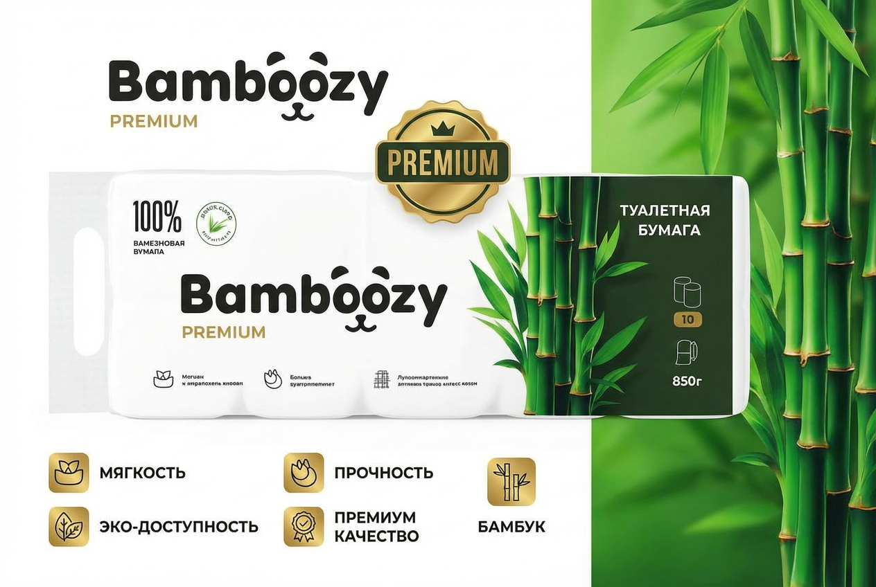 Туалетная бумага Bamboozy, натуральная, бамбуковое волокно, 10 штук