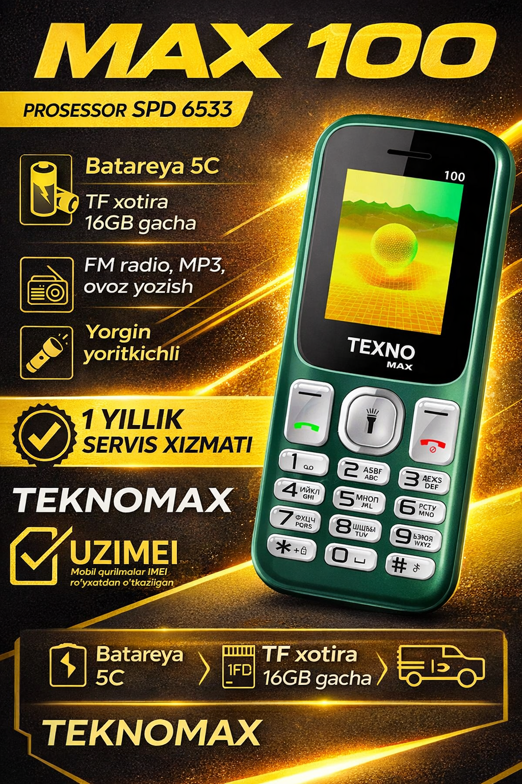 Телефон texno Max 100, кнопочный, 2 SIM, FM-радио, Bluetooth