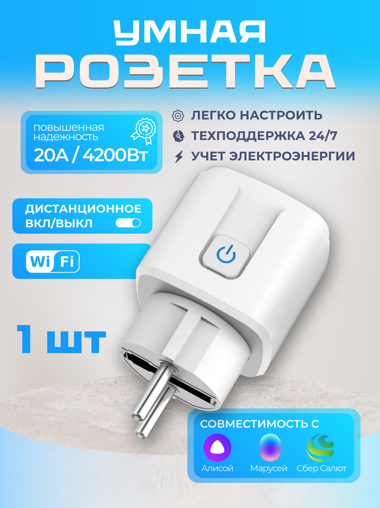 Умная розетка беспроводная Wi-Fi с таймером с отслеживанием электропотребления 20А подключение к умному дому