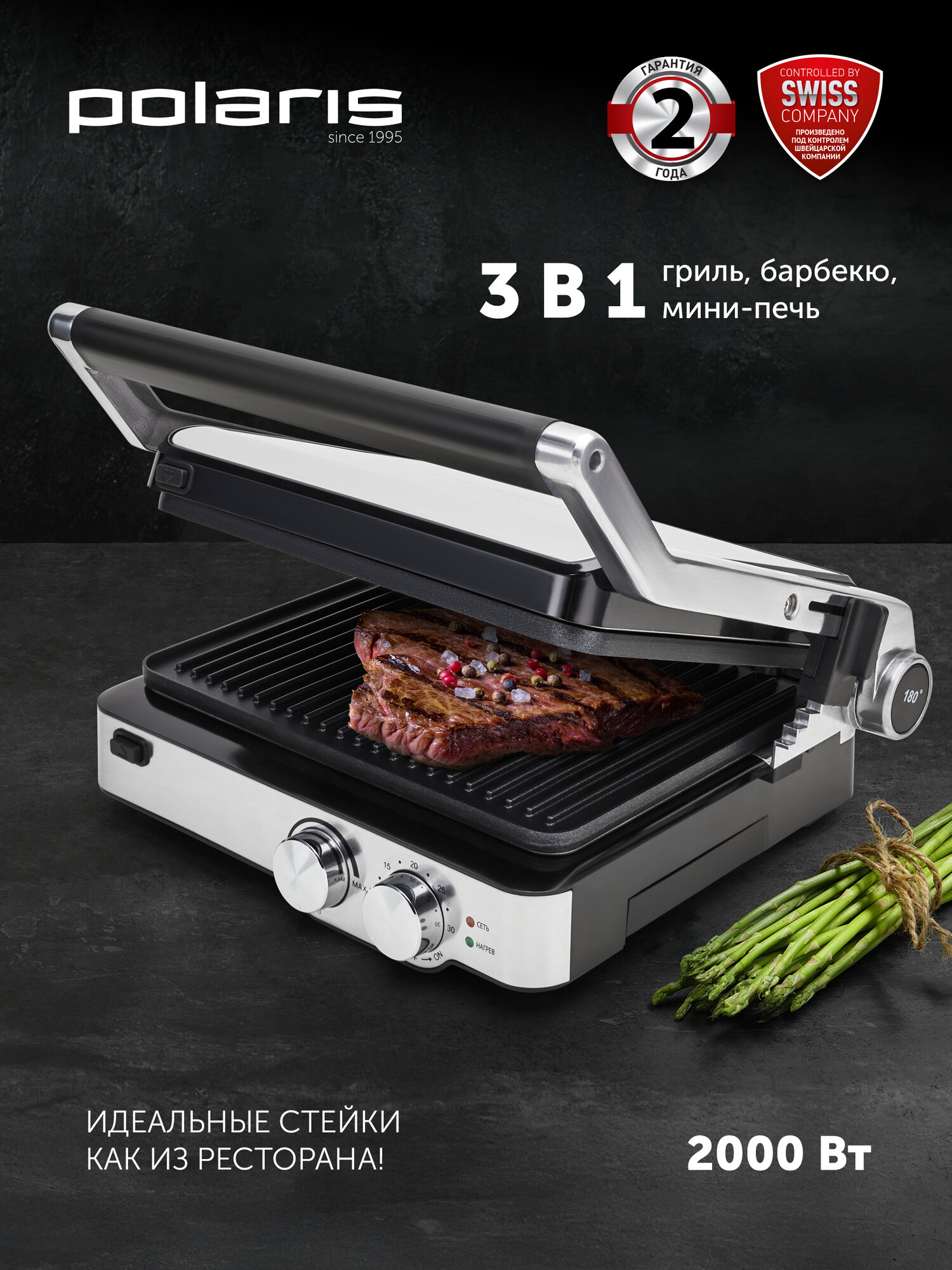 Электрогриль Polaris PGP 2402 со съемными панелями  серебристый
