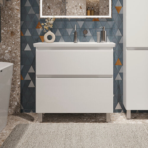 Изображение товара Тумба напольная SanStar Riana 80 с раковиной Фостер 80 (комплект) для ванной комнаты, белая