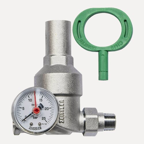 Изображение товара Редуктор давления 1/2" до 25 бар с американкой, манометром, фильтром и ключем, Zeissler, ZSr.701.0104N