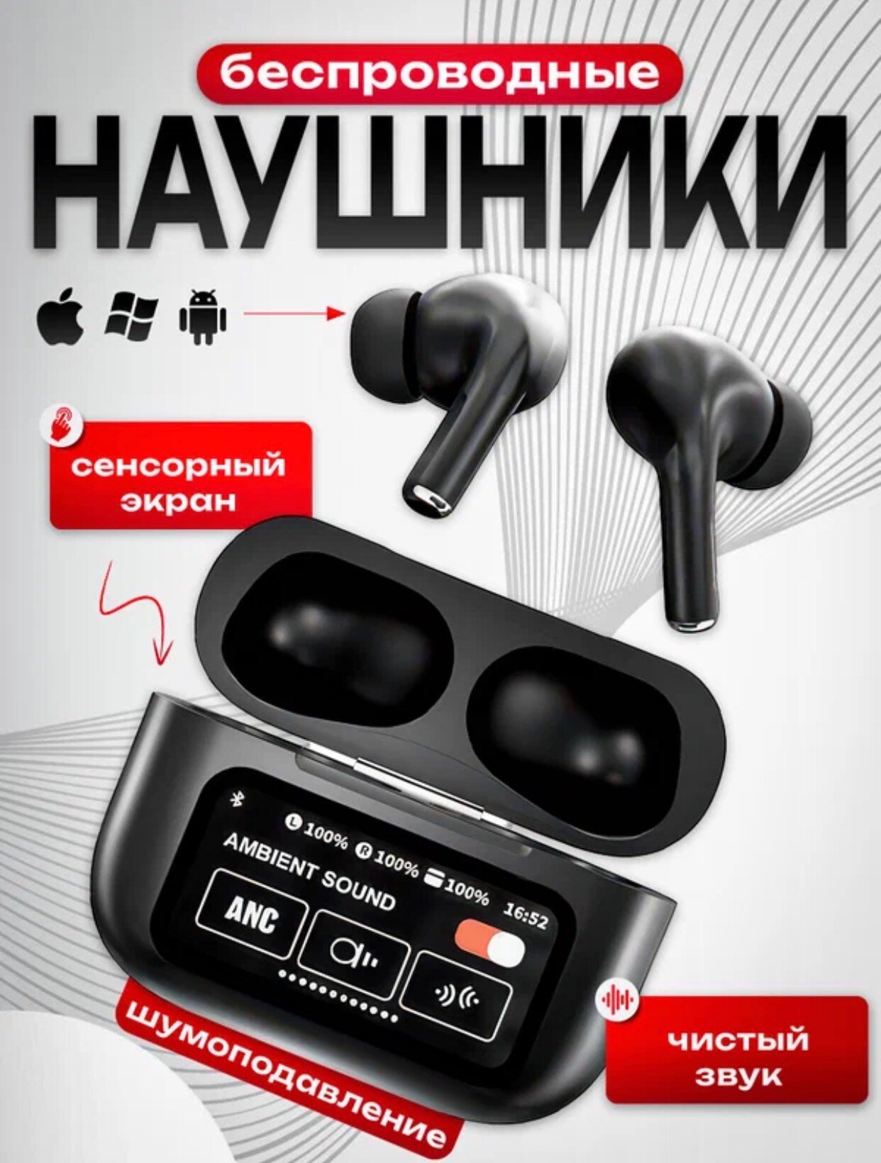 Наушники, беспроводные, c сенсорный дисплеем, AirPods Pro2 ANC/ENC с шумоподавлением и чистым звуком