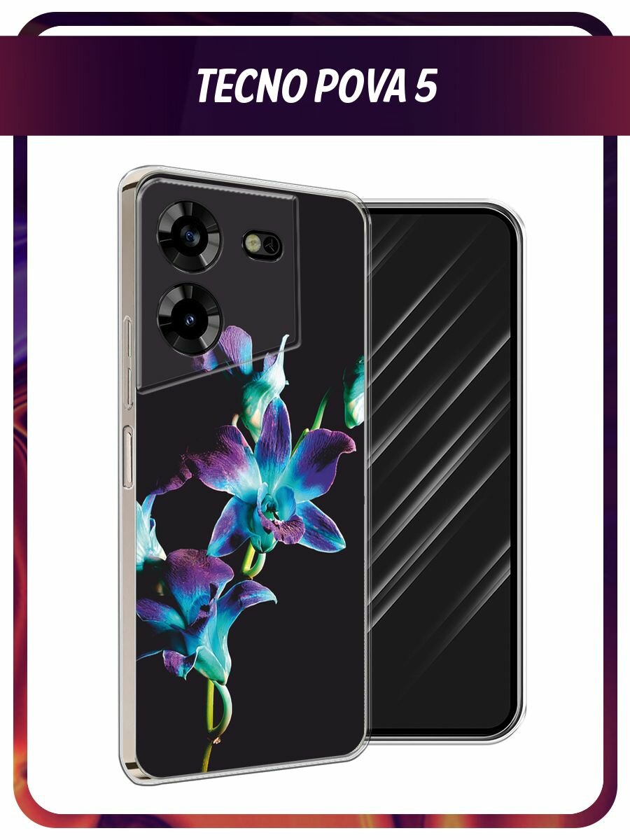 Чехол на Tecno Pova 5 / Техно Пова 5 с принтом "Синий цветок на черном"