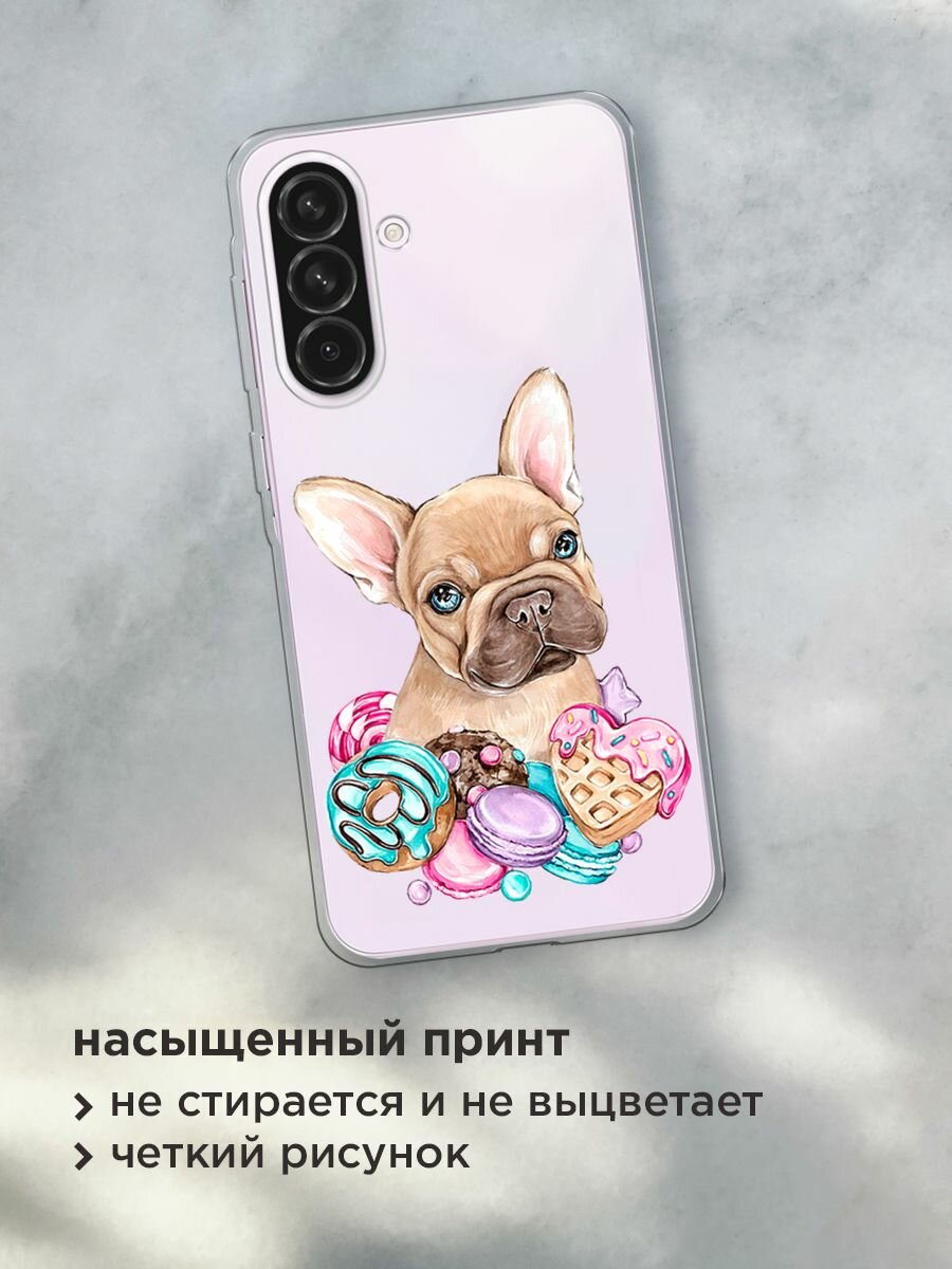 Чехол на Samsung Galaxy A56 5G / Самсунг Галакси А56 5G с принтом "Бульдог и сладости", прозрачный — фото 1