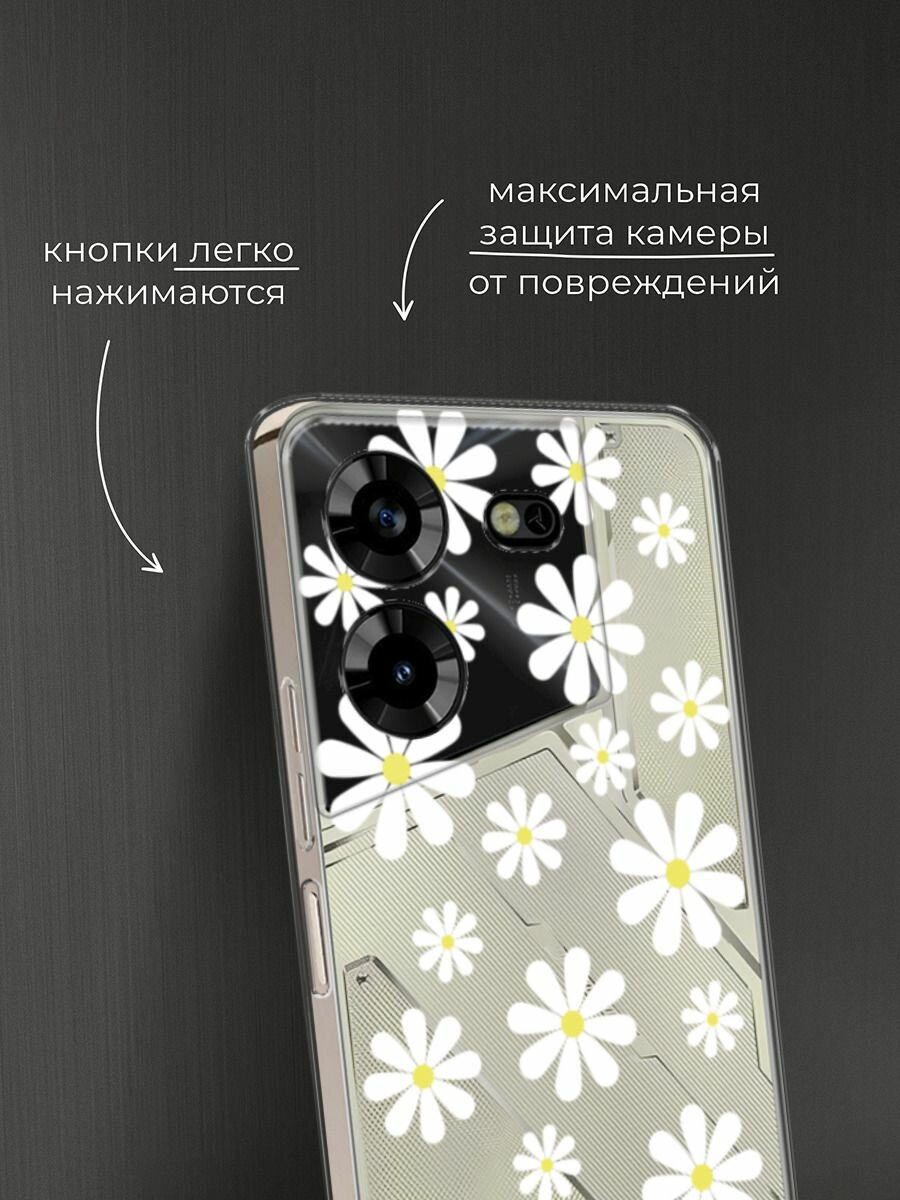 Чехол на Tecno Pova 5 / Техно Пова 5 с принтом "Большие ромашки", прозрачный — фото 1