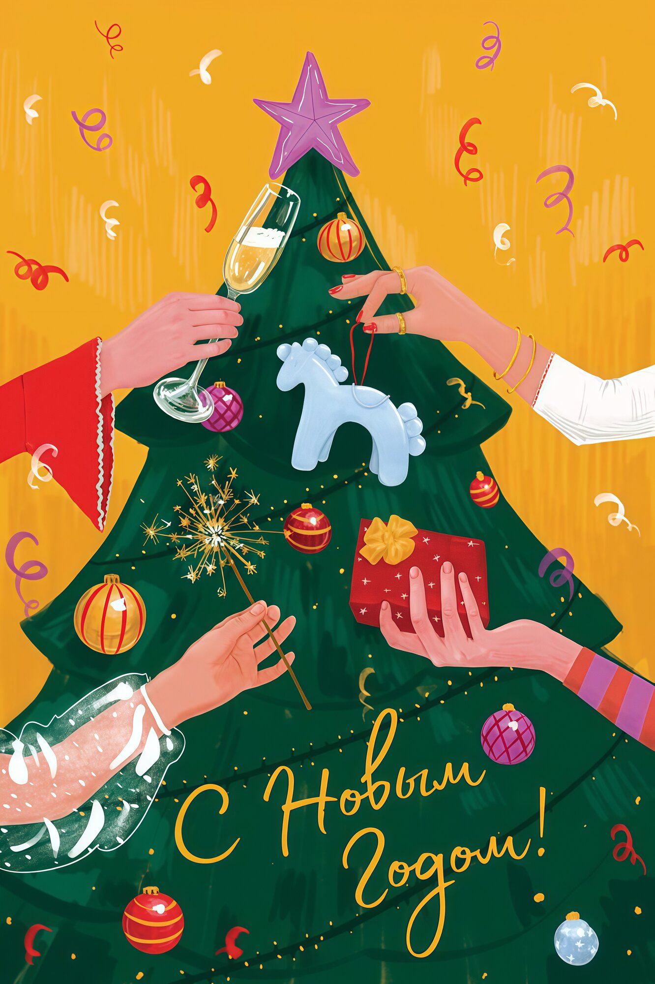Открытка авторская мандариновая с новым годом "С новым годом!"