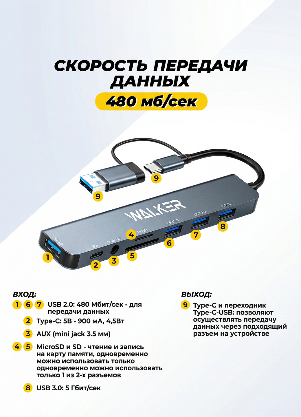 Разветвитель USB HUB 8 в 1, 4 USB, typec, AUX, Micro SD, SD, usb концентратор для macbook, hub с внешним питанием, серый — фото 1