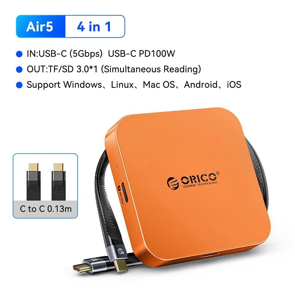 ORICO Air5 USB-C хаб 4 в 1, PD100W, SD/TF 3.0, 5 Гбит/с