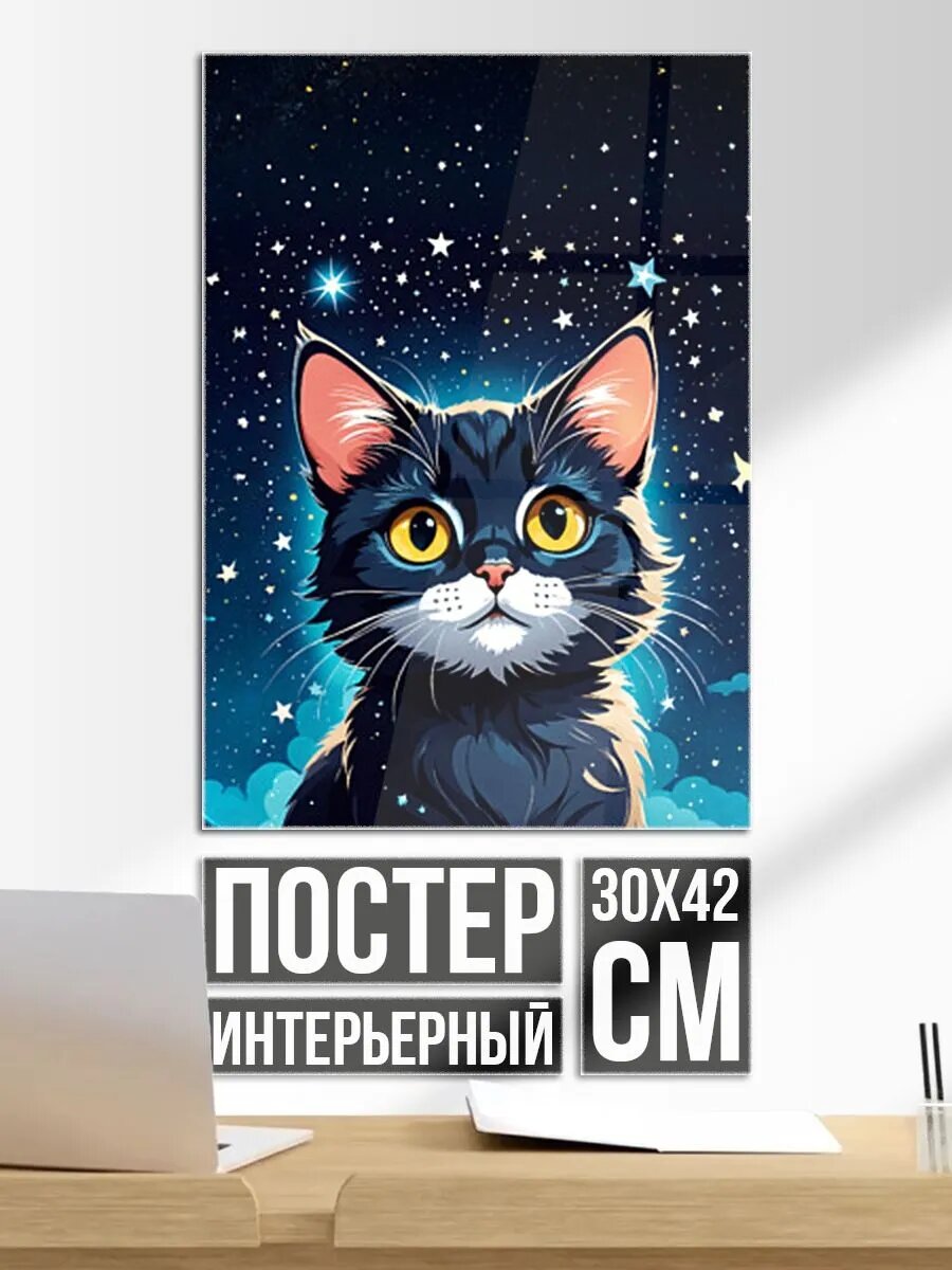 Постер на стену Черный котенок и звездное небо