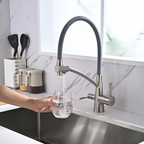 Смеситель для кухни (мойки) с подключением к фильтру питьевой воды. Кран 2 в 1, гибкий излив. Abroli 211NK, никель