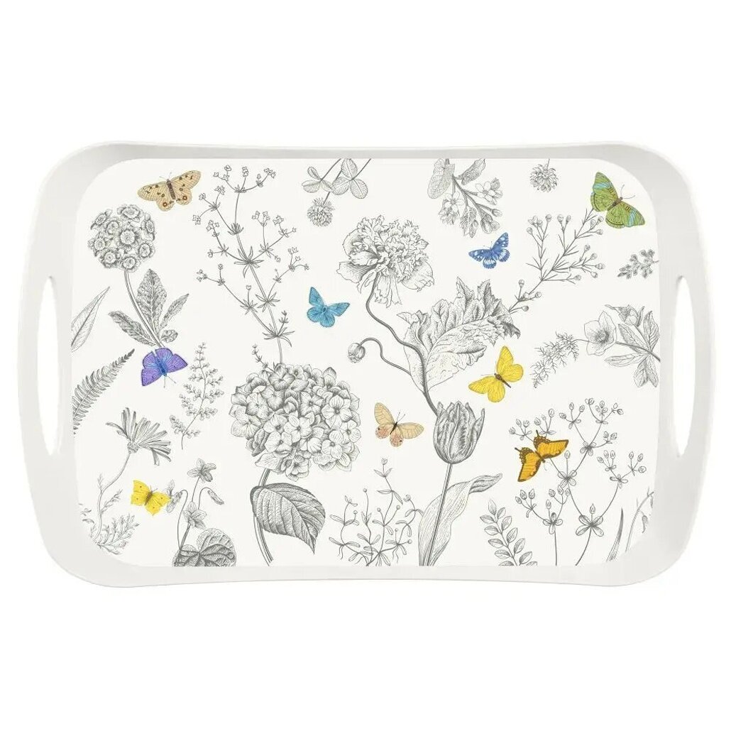 Поднос пластиковый декорированный 412х5 см с рисунком бабочек и цветов белый для кухни