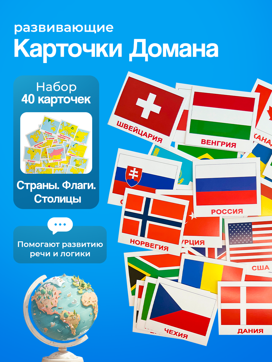 Развивающие карточки для детей "Страны. Флаги. Столицы" (мини) по методике Г. Домана комплект 40 шт.