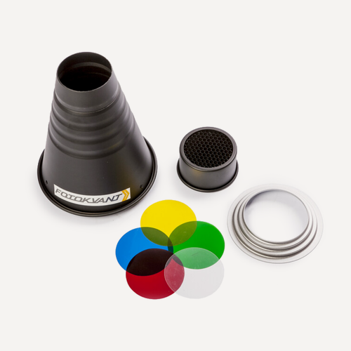 Изображение товара Узкоугольная насадка с цветными фильтрами, сотами байонет Hensel Fotokvant SNOOT-22-HE тубус