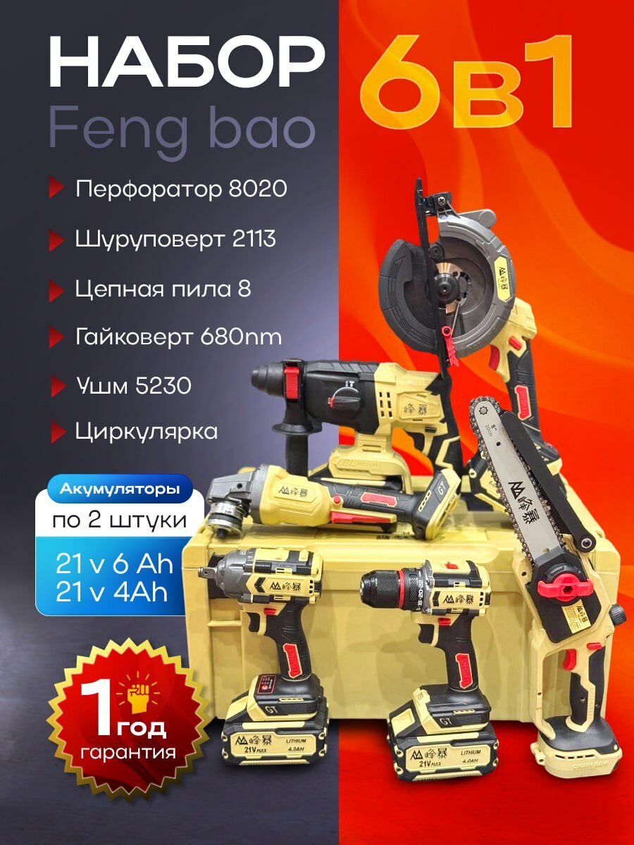 Набор инструментов Feng Bao 6 в 1, 4 аккумулятора, 2 зарядки, кейс