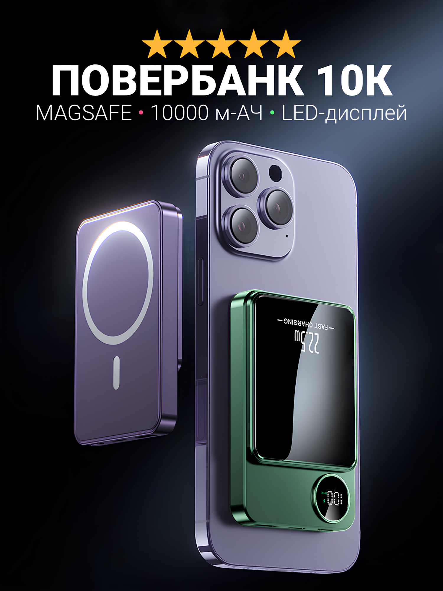 Повербанк powerbank magsafe 10000 mah, внешний аккумулятор для айфона, с LED дисплеем, магнитная зарядка, зеленый