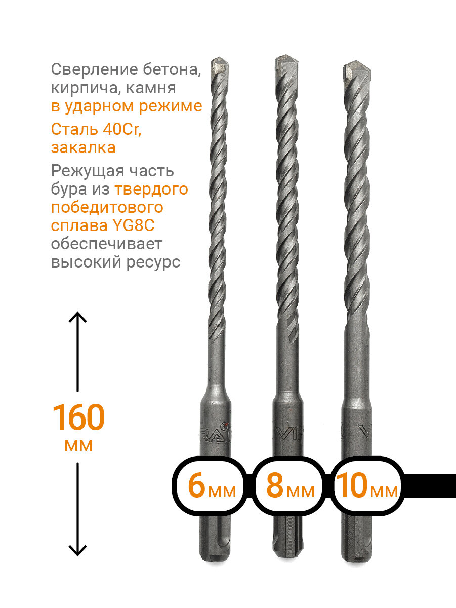 Набор буров по бетону 3 шт 6 х 160 мм 8 х 160 мм 10 х 160 мм SDS-Plus RAGE by VIRA — фото 1
