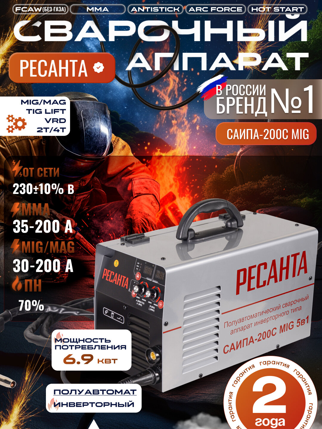 Сварочный полуавтомат САИПА-200C Ресанта, MMA, MIG/MAG, 15-200А