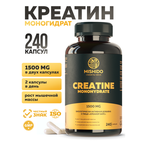 Креатин моногидрат в капсулах MISHIDO 240 капсул для роста мышц силы и выносливости