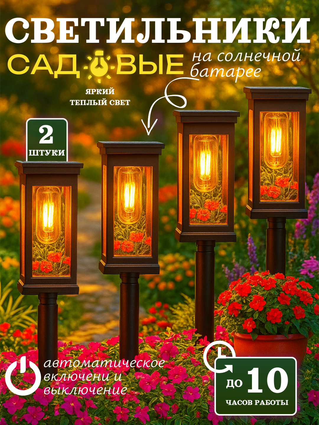 Фонарь уличный на солнечной батареи. До 12 ч работы. Прямоугольный плафон. 2 шт