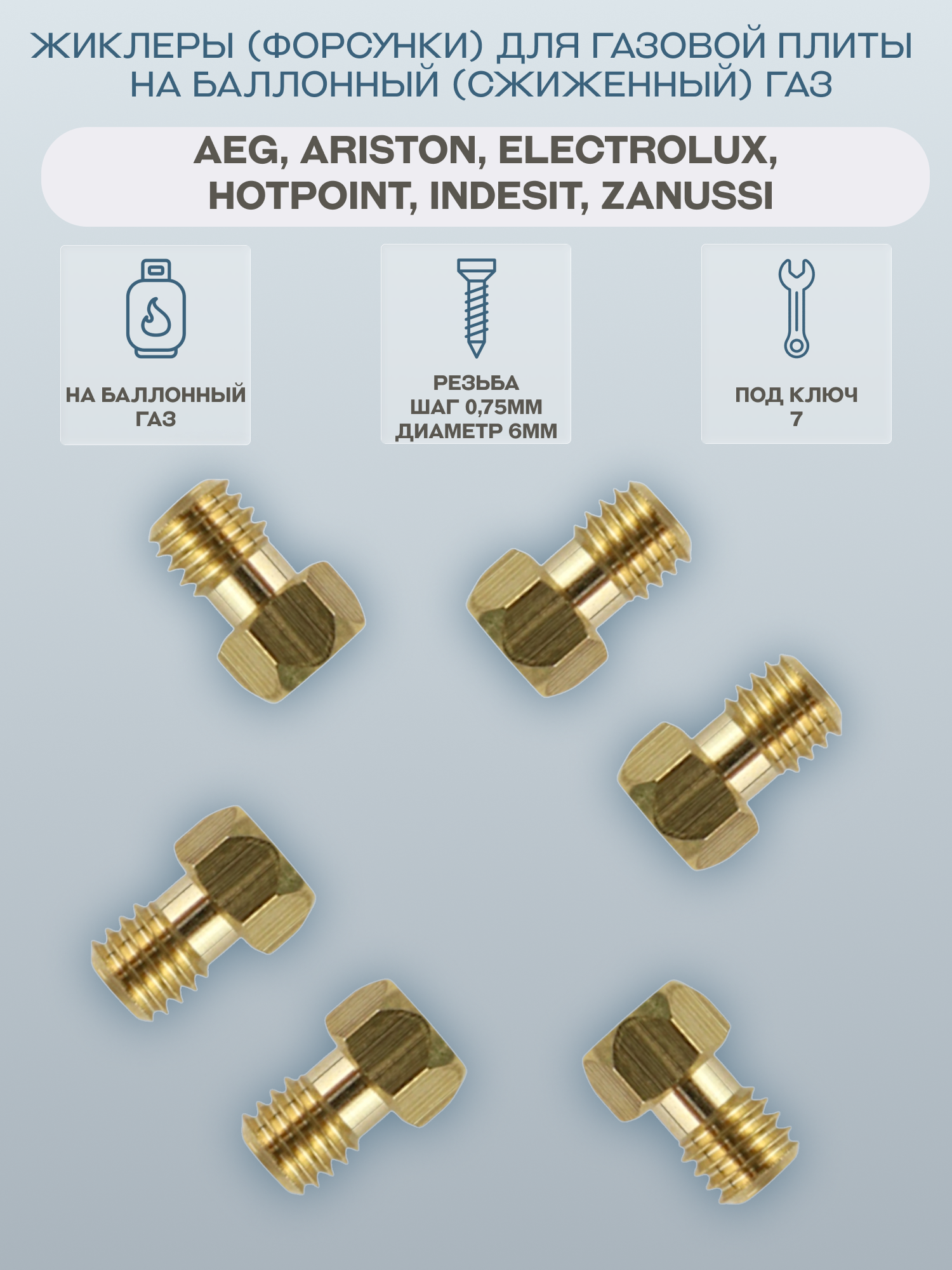 Жиклеры (форсунки) для газовой плиты AEG Ariston Electrolux Hotpoint Indesit Zanussi на баллонный (сжиженный) газ/WO432 6 шт.