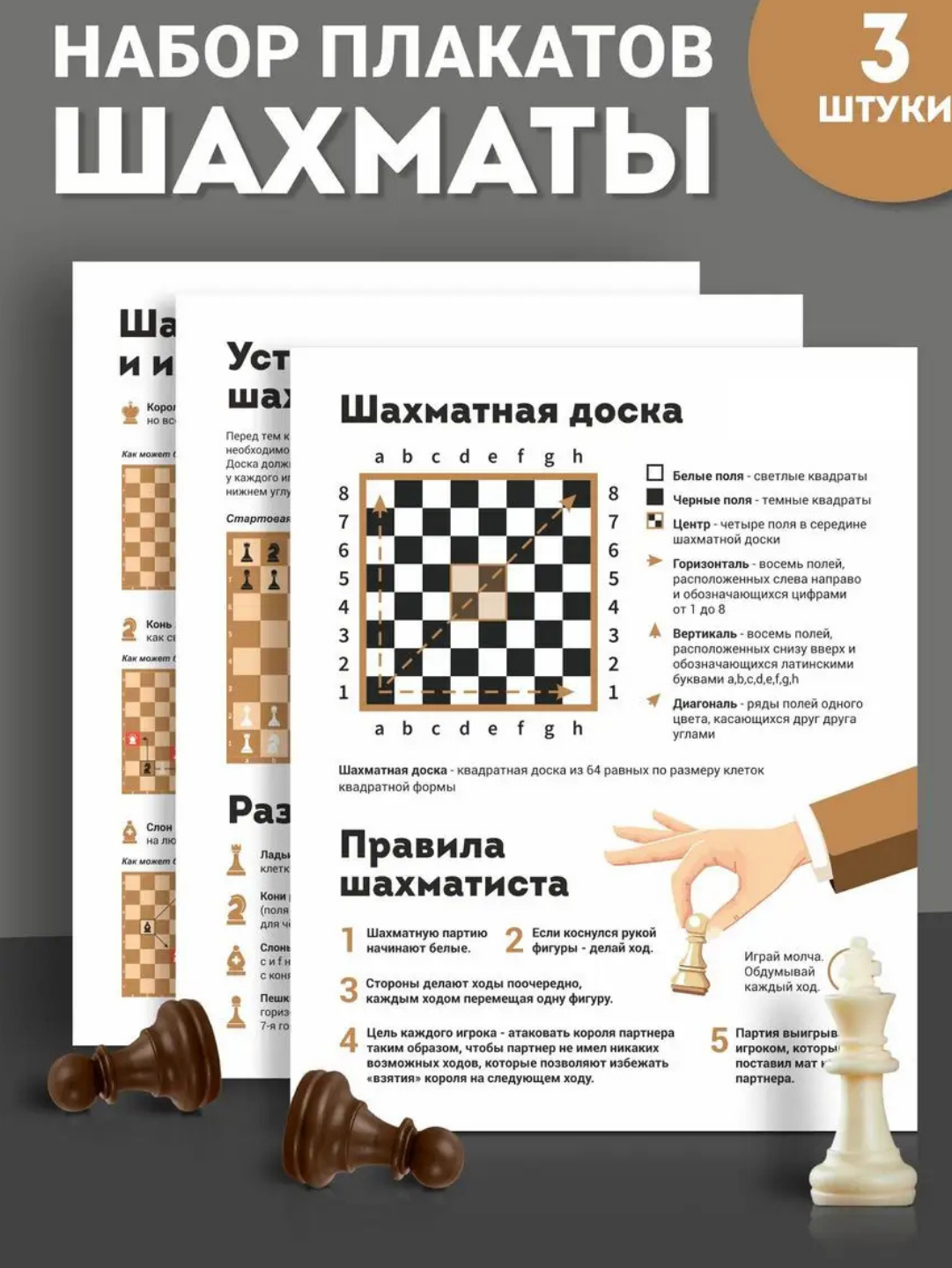Набор обучающих плакатов «Шахматы» состоит из 3 плакатов. формат А3, ламинированное, для школьников — фото 1