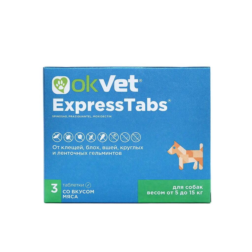 OkVet ExpressTabs от клещей, блох, вшей и гельминтов для собак от 5 кг до 15 кг таблетки 3 шт