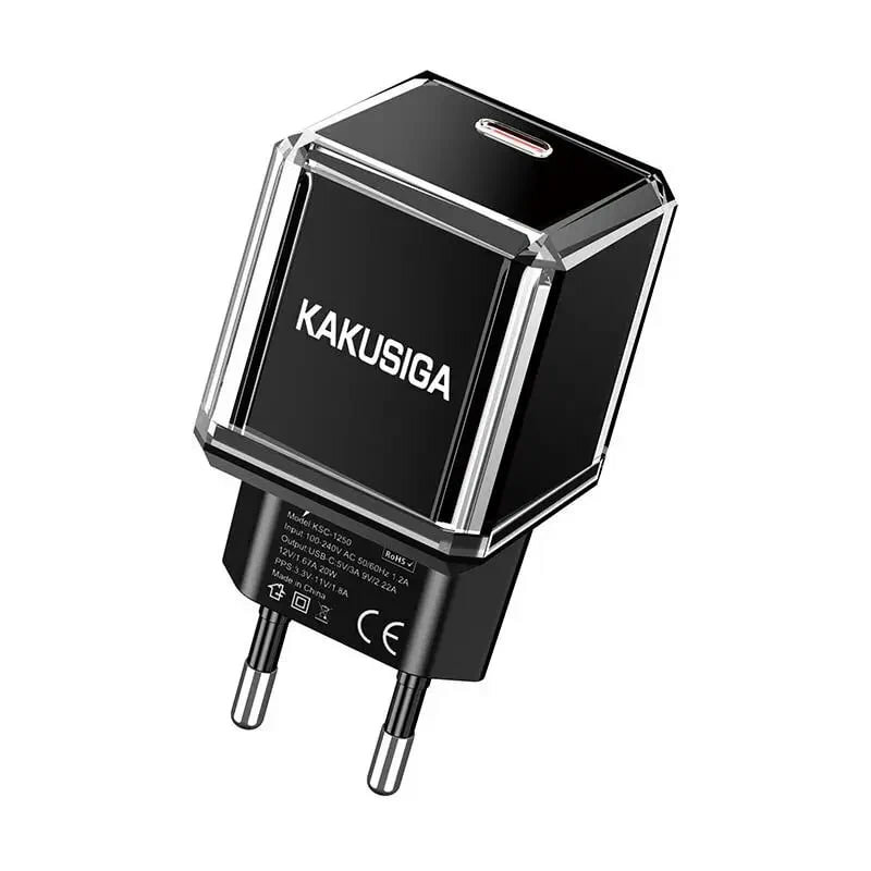 Зарядное устройство KAKUSIGA, PD 20Вт, с кабелем, Quick Charge, черное — фото 1