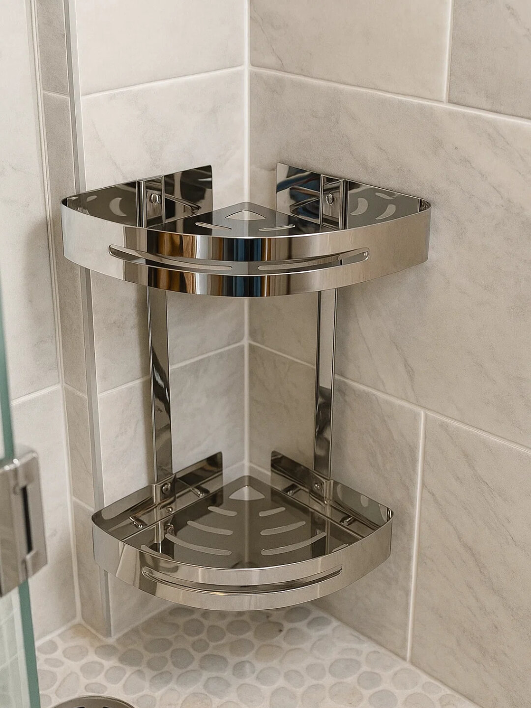 Двухъярусная угловая полка для ванной из нержавеющей стали