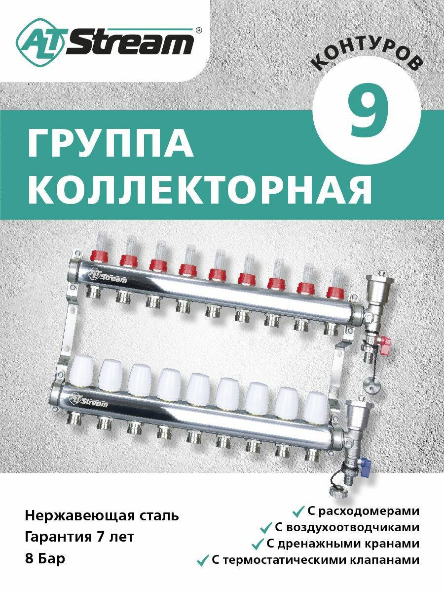 Коллекторная группа с расходомерами для теплого пола 1.1/4"х3/4" на 9 выходов, с дренажом