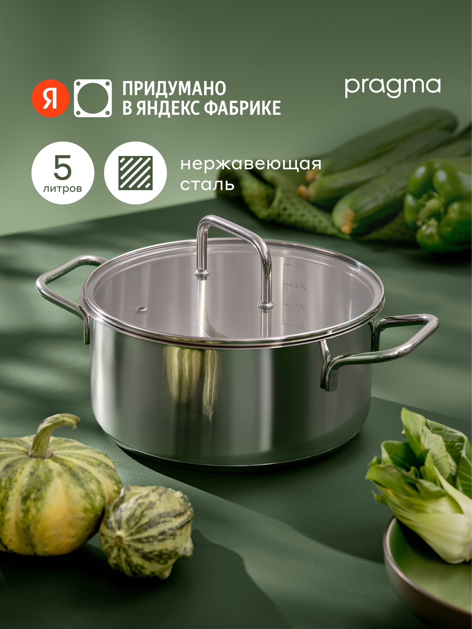 Кастрюля из нержавеющей стали Pragma Folag 5 л крышка в комплекте индукция