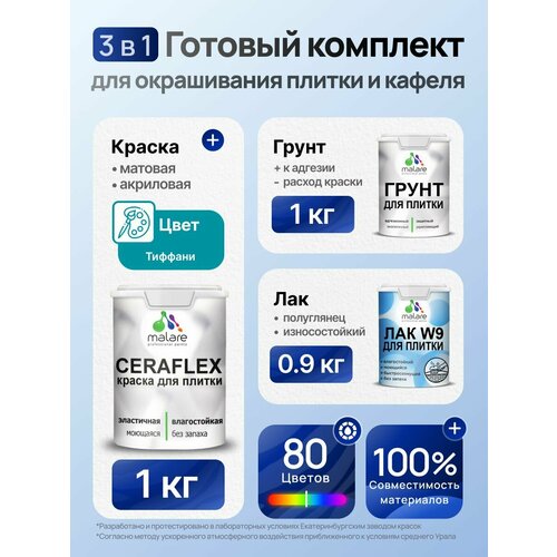 фото Комплект malare для окрашивания плитки и кафеля (1кг грунт + 1кг краска + 0,9кг лак), без запаха, полуглянцевый, цвет тиффани