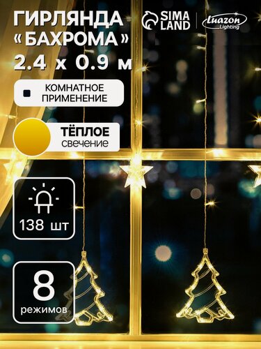 Изображение товара Гирлянда «Бахрома» 2.4×0.9 м с насадками «Ёлки», IP20, прозрачная нить, 138 LED, свечение тёплое белое, 8 режимов, 220 В
