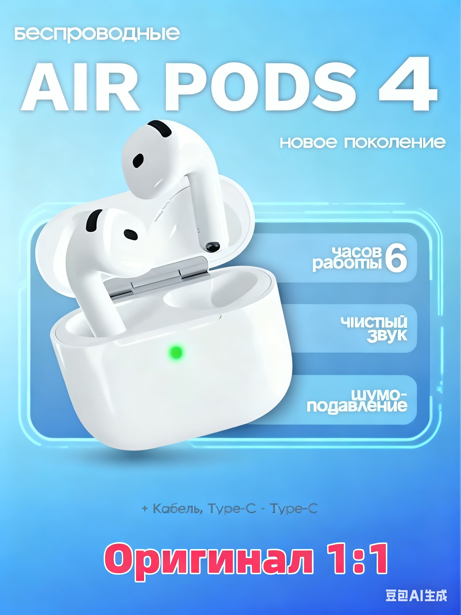 Наушники AirPods 4, беспроводные, Hi-Tech, IPX4, шумоподавление, 30 ч автономной работы