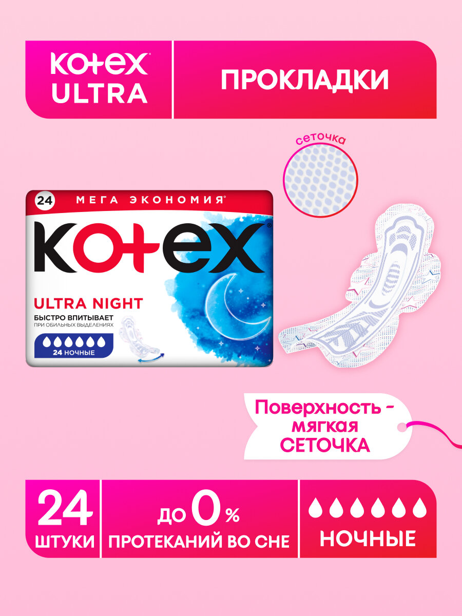 Прокладки женские ночные Kotex Ultra Night, 24 шт
