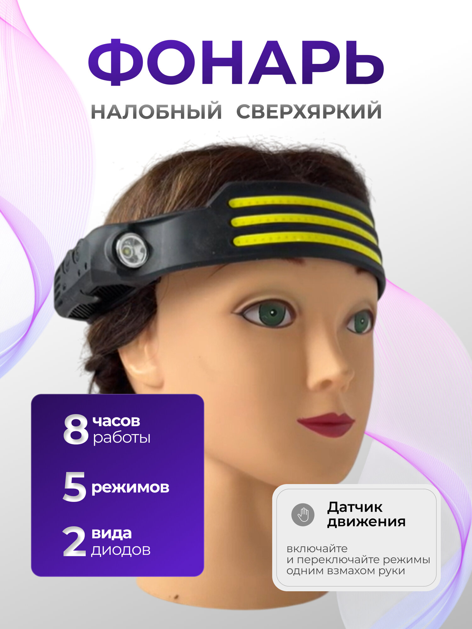 Фонарь налобный аккумуляторный 5 режимов ударопрочный влагозащищённый чёрный