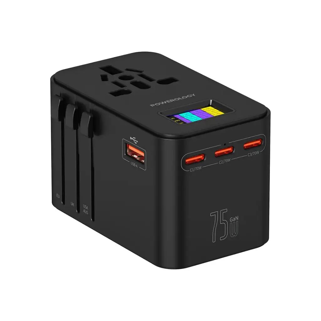 Универсальная зарядка Powerology Travel Adapter, мощность 2500 Вт, с разъёмами USB и Type-C 75w