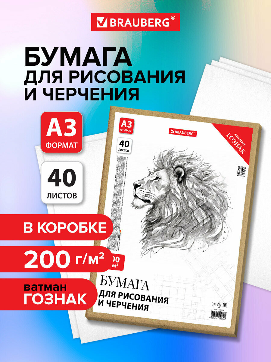 Бумага для черчения, творчества и рисования для школы канцелярская, папка с листами А3, 297х420 мм, 40 л, 200 г/м2, ватман Гознак, Brauberg, 115624