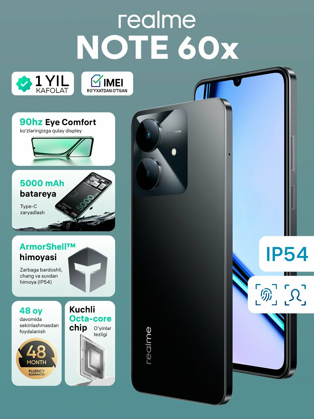 Смартфон Realme Note 60x 3/64 ГБ, Черный IPS 90 Hz дисплей, 5000 mAh, 10W,