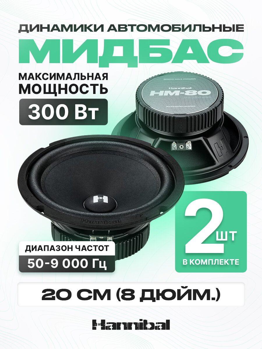 Динамики автомобильные Hannibal HM-80 Midbass /Колонки автомобильные 20 см/ Мидбас / 2шт