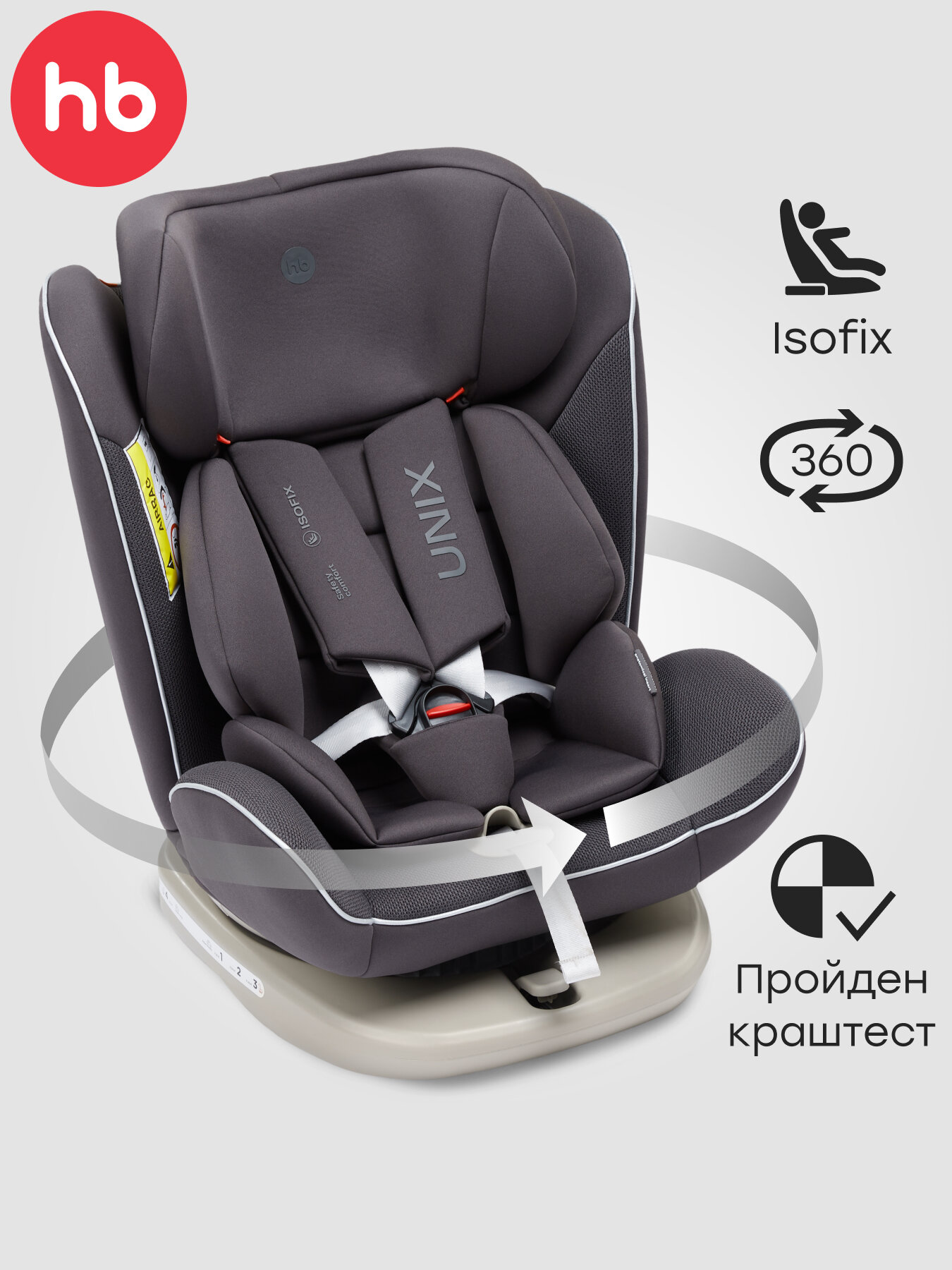 Автокресло детское от 0 до 12 лет Unix Happy Baby группа 0+/1/2/3 (до 36 кг), isofix, поворотная база, темно-серый