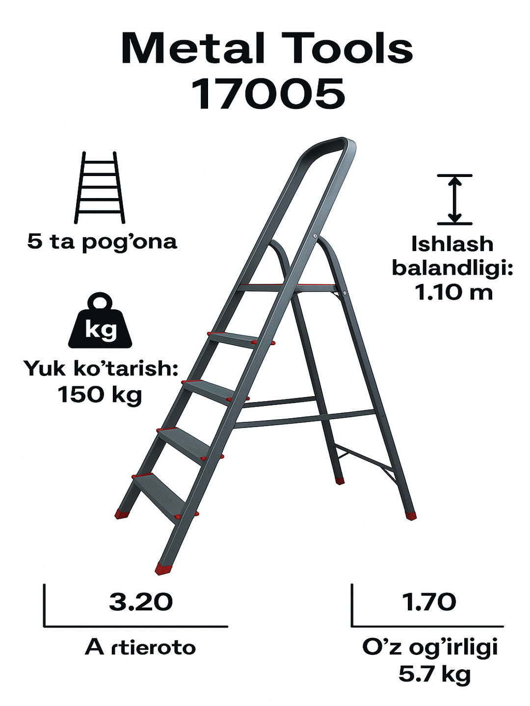 Стремянка металлическая складная 5 ступеней Metal Tools 17005, алюминиевая лестница для дома и дачи