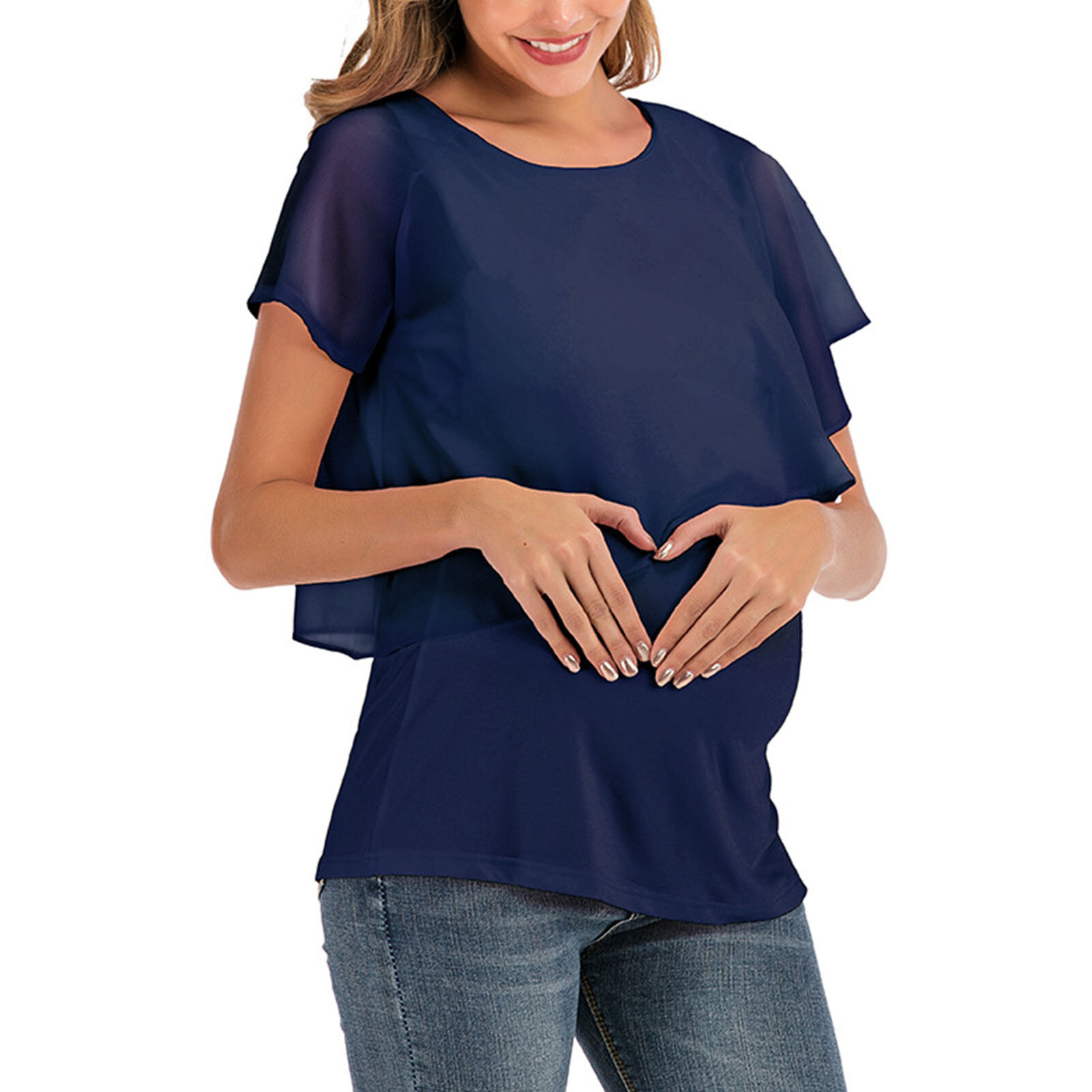 Женская футболка для кормящих матерей с круглым вырезом шифоновая летняя футболка для беременных с коротким рукавом темно-синий XXL