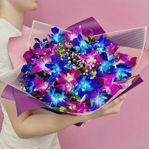 Изображение товара Букет "Яркие космические орхидеи", гипсофила, орхидея, 25 штук, высота 45 см