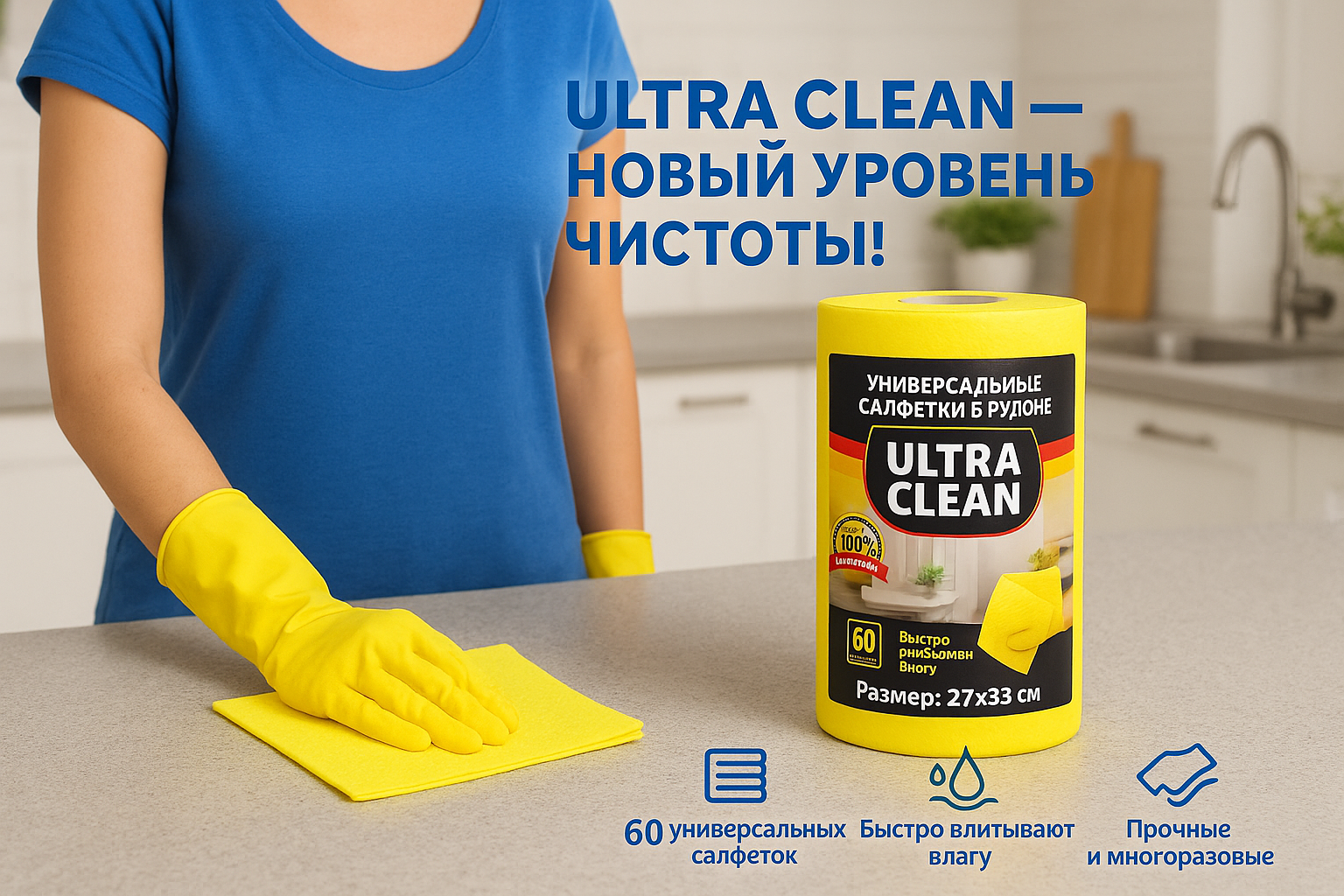 Универсальная тряпка для уборки домов 60 листов, универсальные салфетки Ultra clean, в рулоне 60 листов