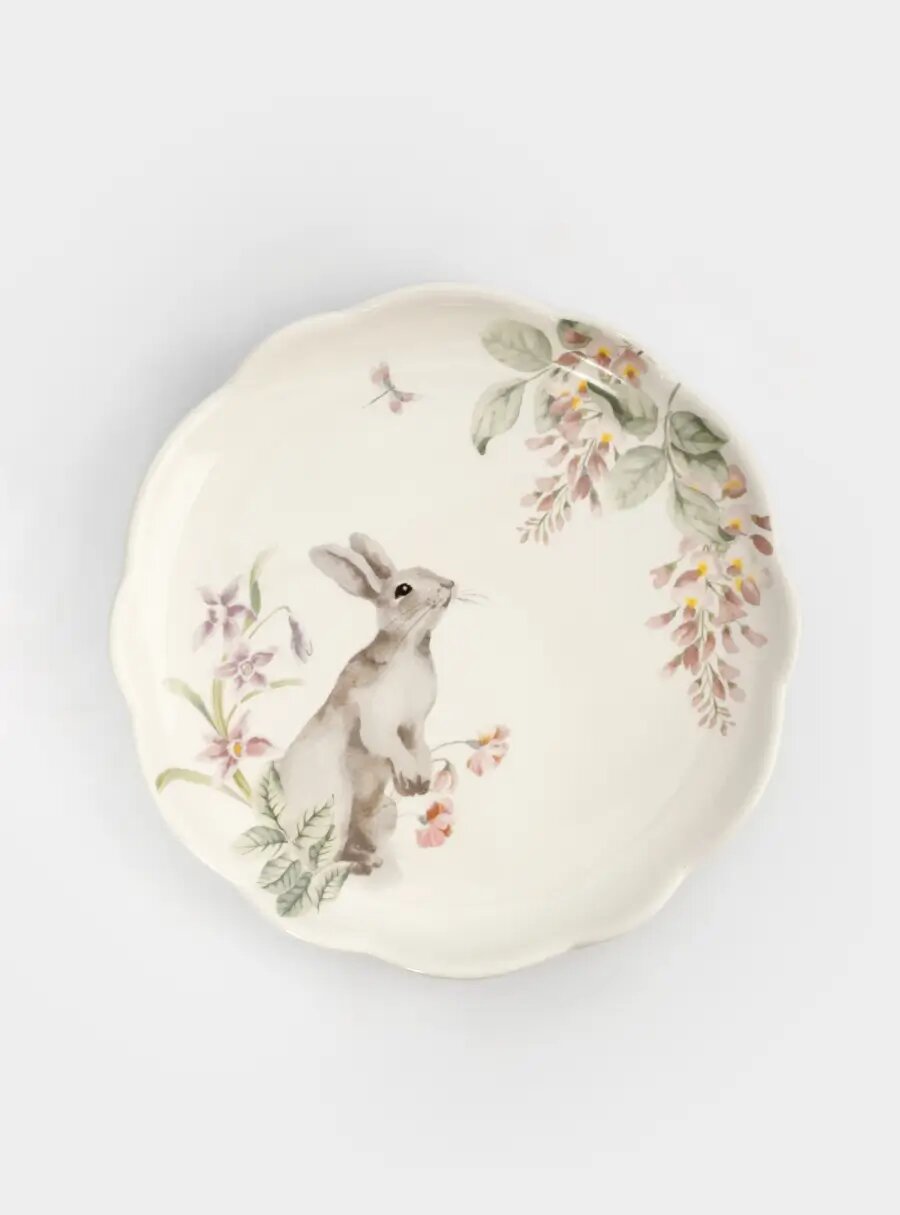 Тарелка обеденная, 25 см, керамика, белая, Кролик с цветами, Flower Rabbit